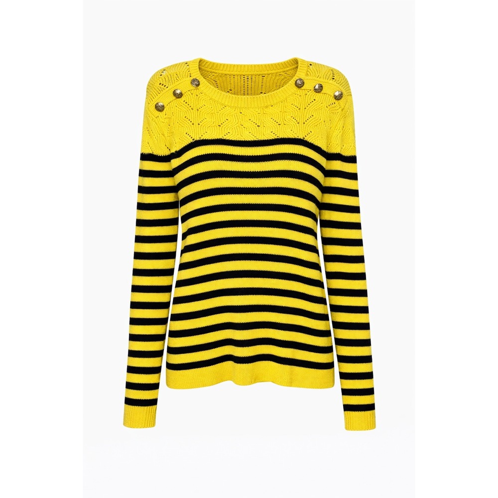 Talbots Large Petite Yellow Black Striped Button Shoulder Knit Sweater Sunflower